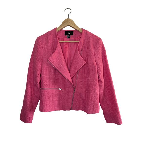 H&M Crop Tweed Asymmetrical Zip Moto Blazer Jacket - Picture 1 of 16
